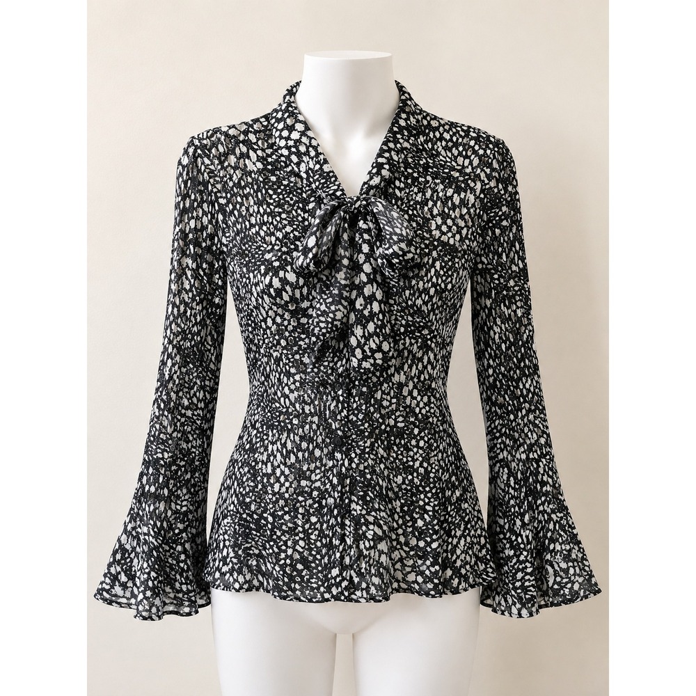 Sunny Leigh Black White Abstract Print Tie Neck Bell Sleeve Blouse Medium